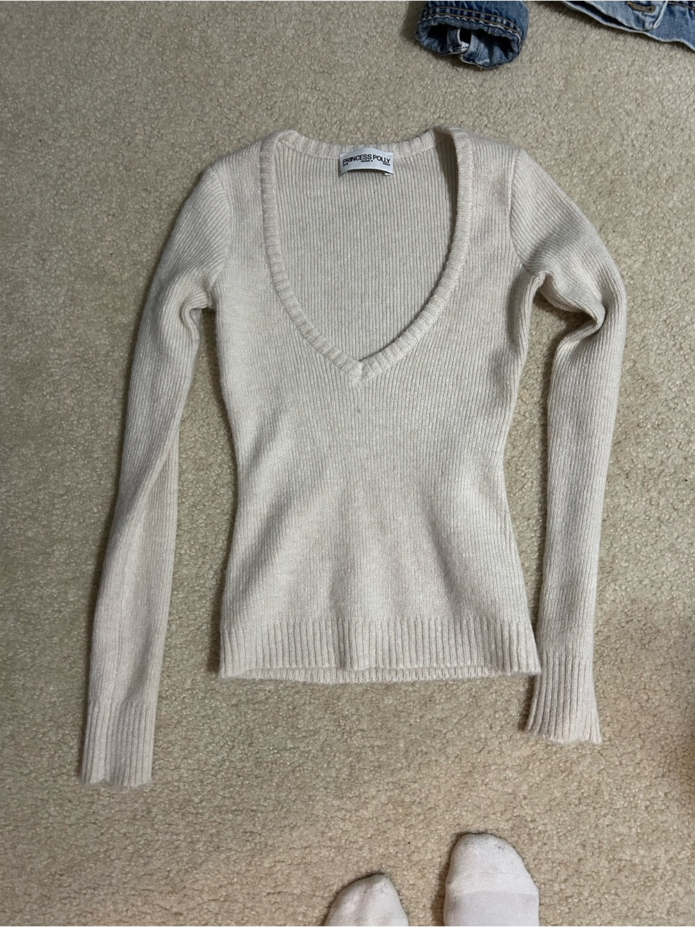 Princess Polly Beige-Cream Ribbed V-Neck Sweater
